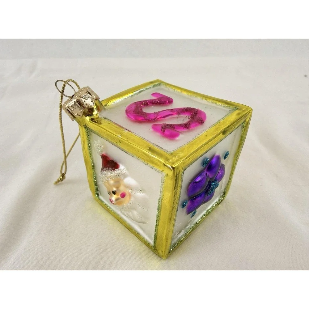 Vintage Hand Blown Glass Cube Christmas‎ Ornament Raised Applied Decoration